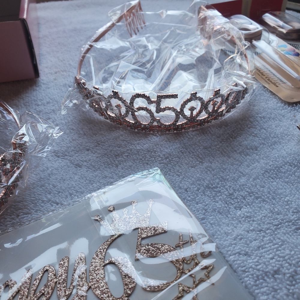 65 Rosegold Bling Tiara, Sash, Candles, Cake Topper Lot Of 1 Kit